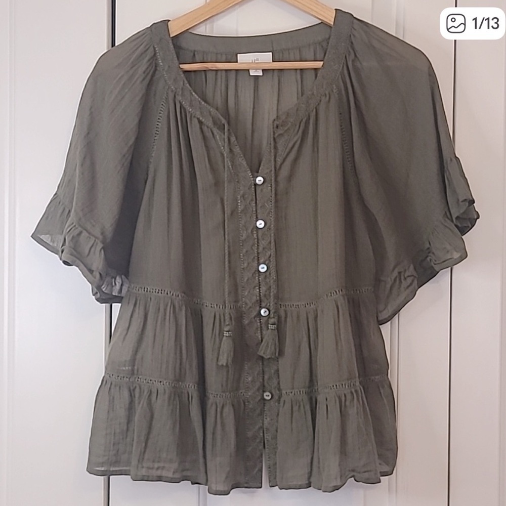 J.Jill Olive Green Cotton Blouse Size Medium